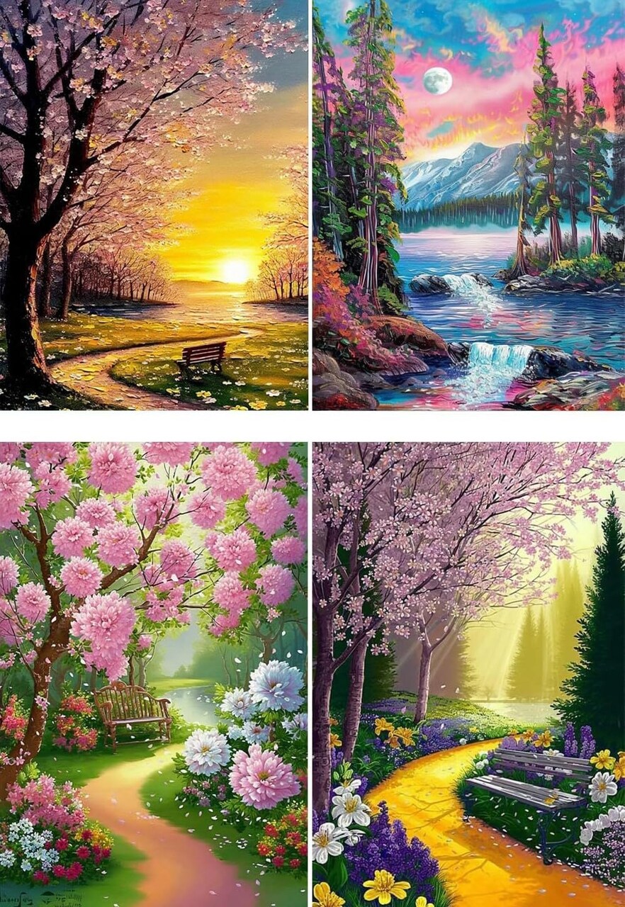 4 Pack Diamond Painting Kits for Adults, Landscape 5D Diamond Art Kits for Beginner DIY Full Drill Diamond Dots Crystal Craft Kits for Home Wall Decor Gifts(4 Pack/12X16 Inch)